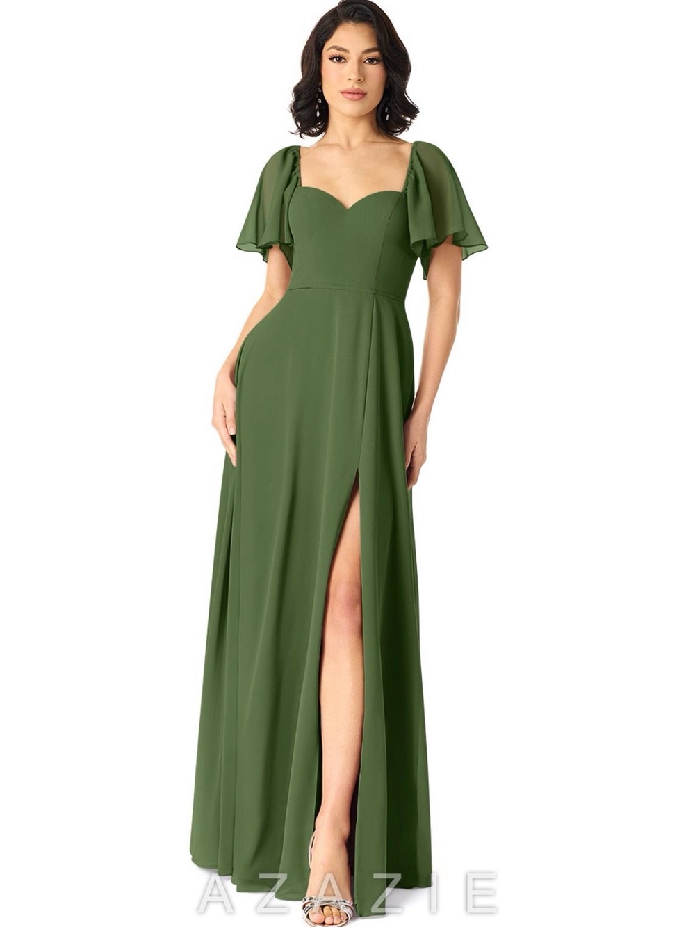 Brand New Azazie Chloe A-Line Sweetheart Olive Green Flutter Sleeve Maxi Dress